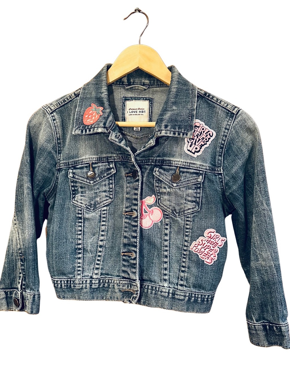 I Love H81 Size S Cropped Denim Jacket Girl Power Patches